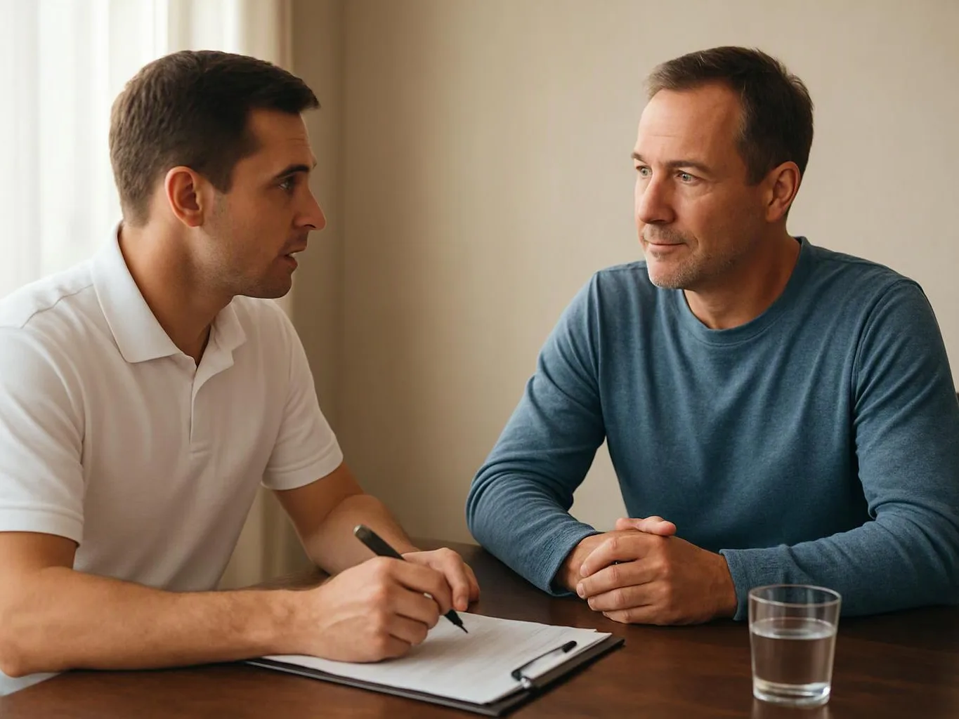 Two men sit at a table, one writing on a clipboard while the other listens across from him in a quiet room