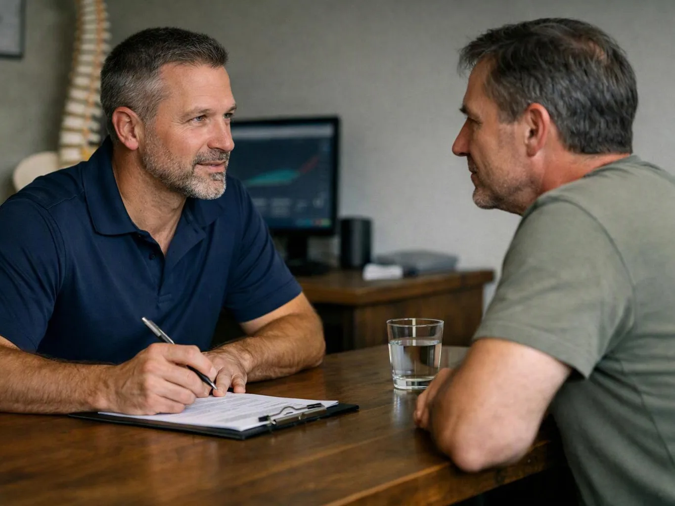 Two men sit at a table, one writing on a clipboard while they talk in an office setting