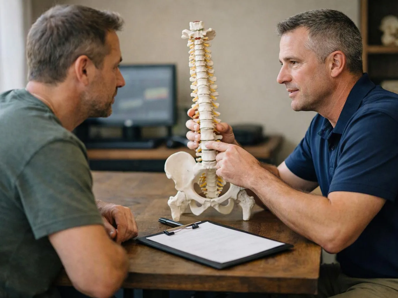 Two men sit at a table while one points to a spine model during a consultation