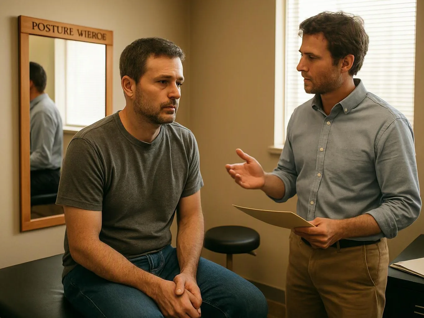 Two men stand in a clinic room, one seated on an exam table while the other speaks and holds a paper