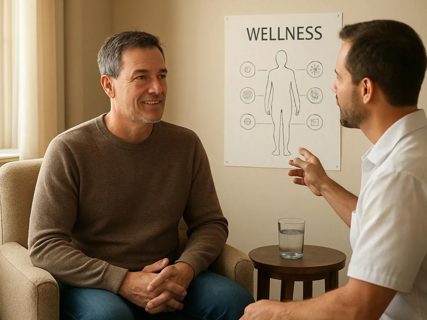 Two men talk in a calm clinic room beside a wellness chart and a glass of water