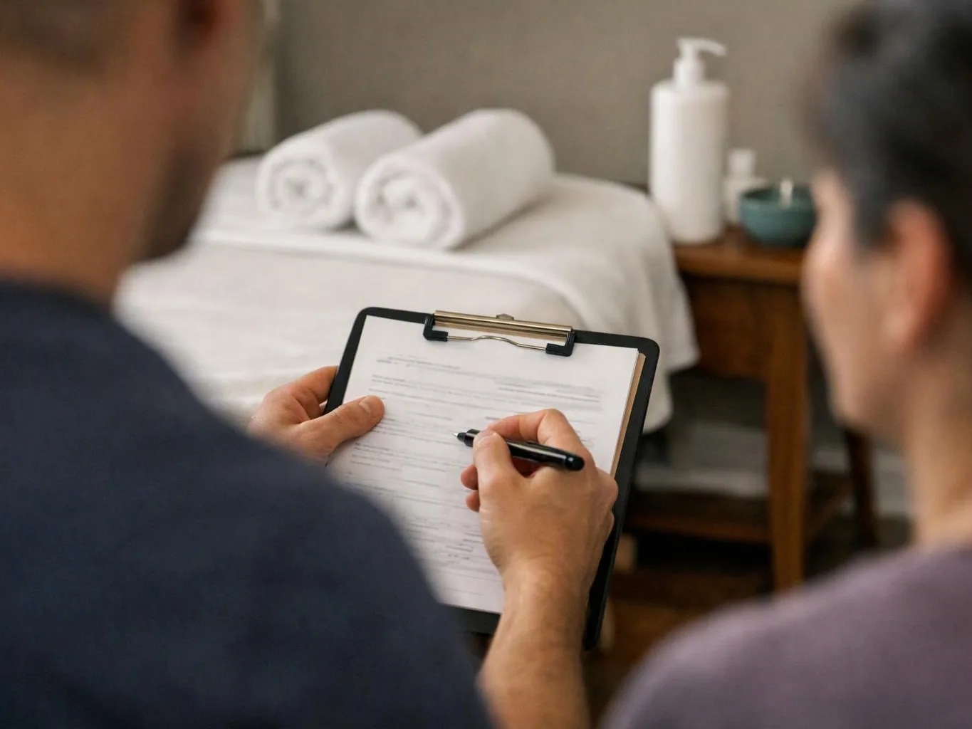 Two people face a clipboard and pen while a massage table with rolled towels sits behind them