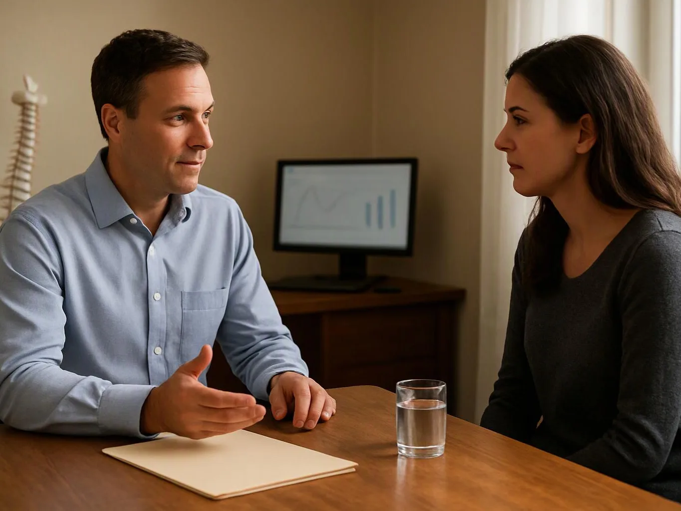 Two people sit across a wooden table, talking beside a glass of water and a monitor with charts