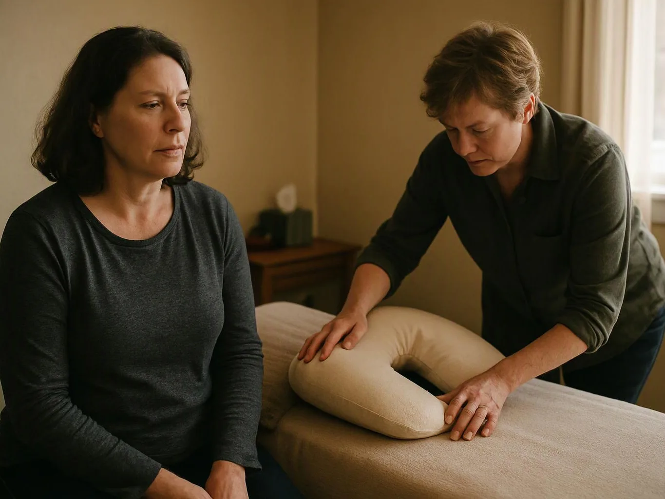 Two women are in a quiet room, one seated while the other adjusts a beige cushion on a massage table