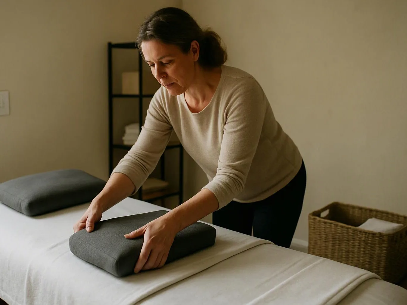 A woman arranges folded towels on a bed in a quiet bedroom