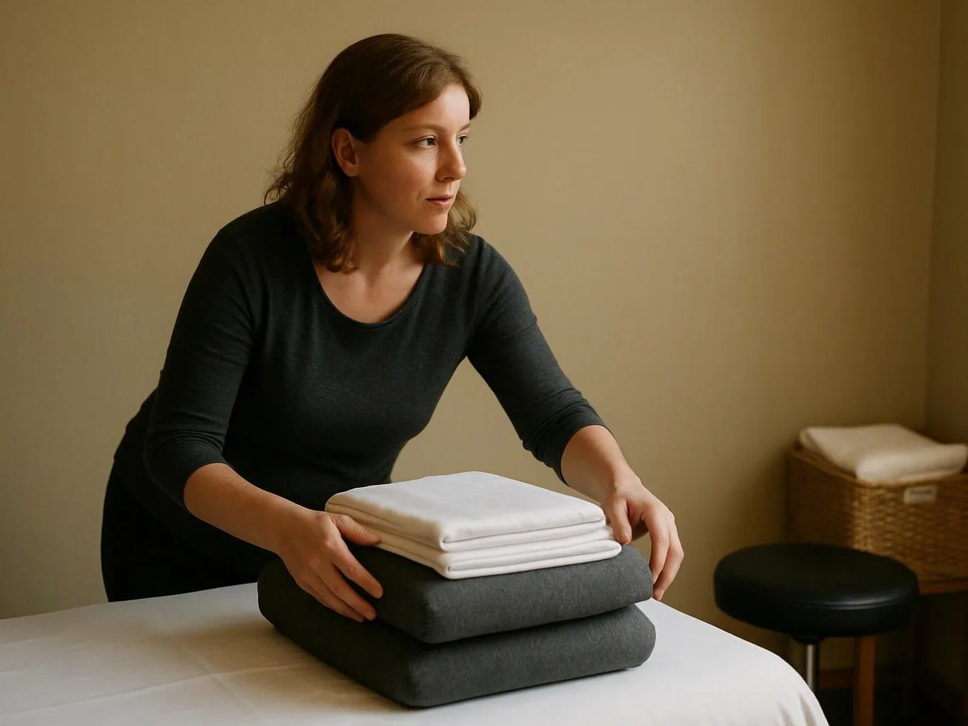 A woman arranges folded towels on a massage table in a calm room