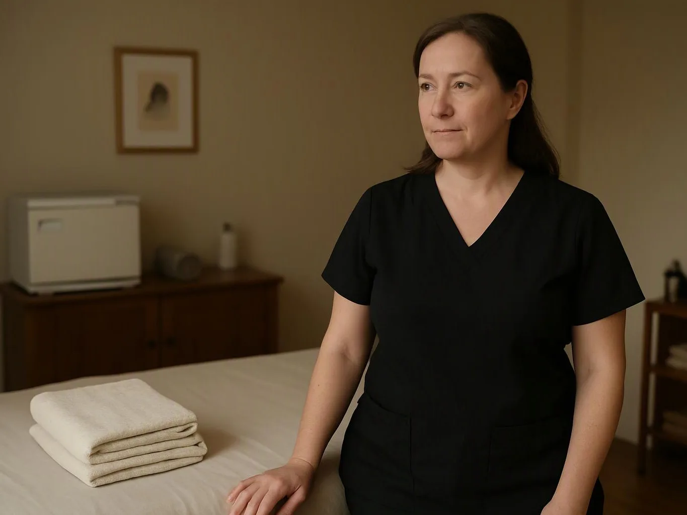 A woman in black stands beside a neatly made massage table in a calm treatment room