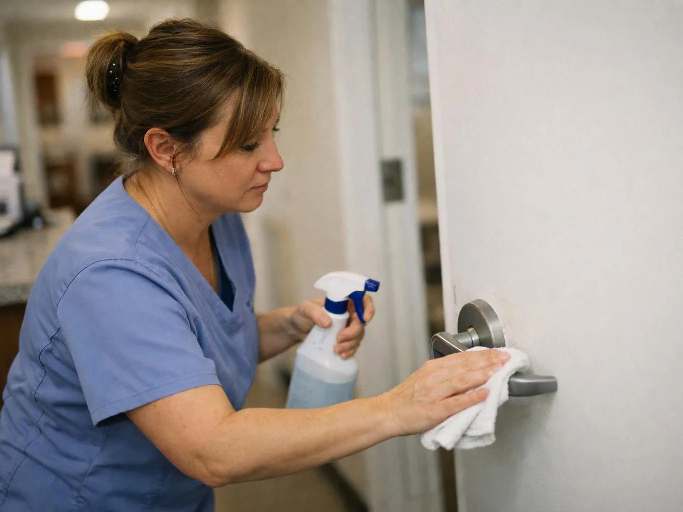 A woman in blue scrubs wipes a door handle with a cloth while holding a spray bottle indoors