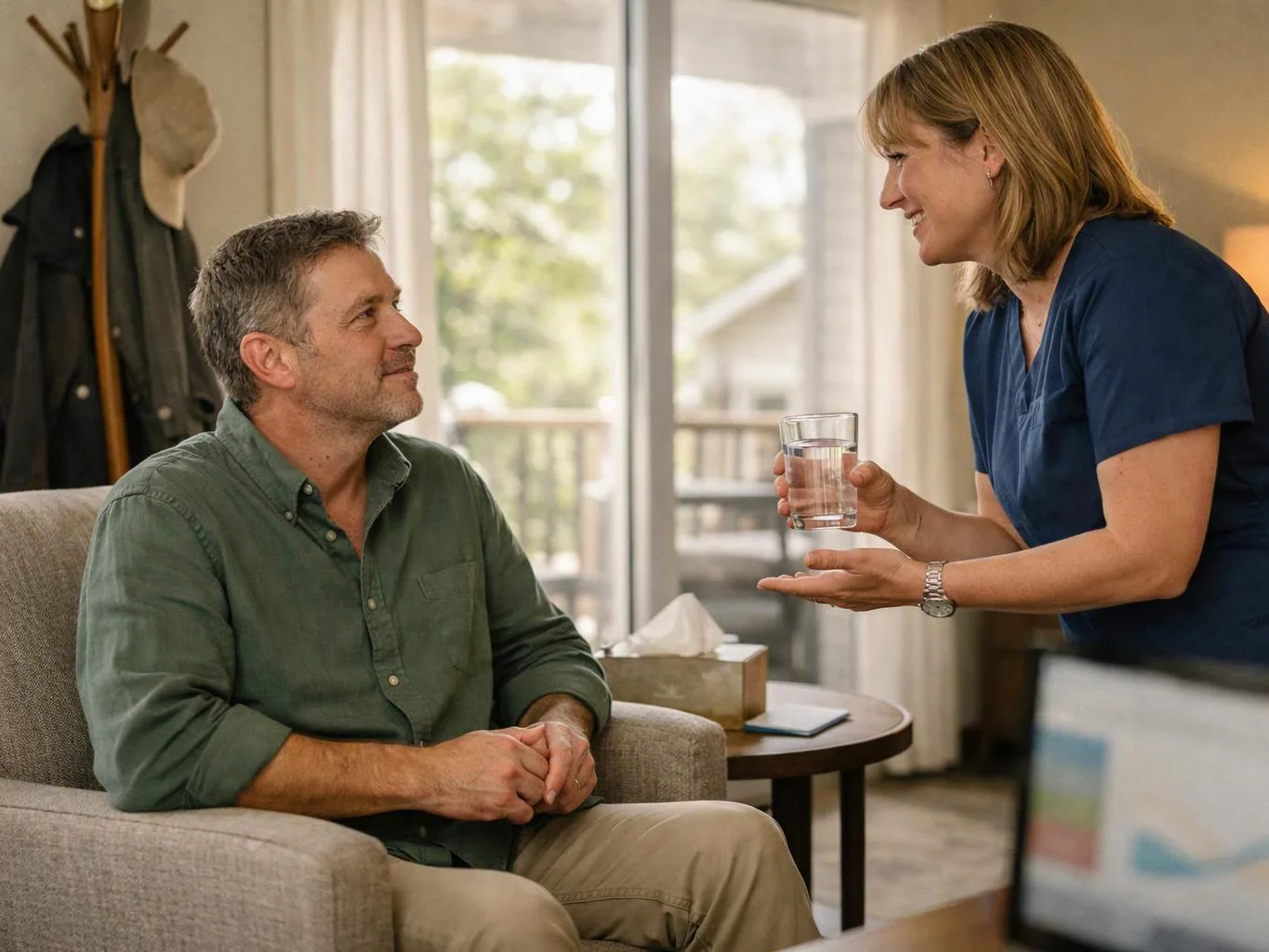 A woman in blue talks to a seated man while holding a glass of water in a bright living room
