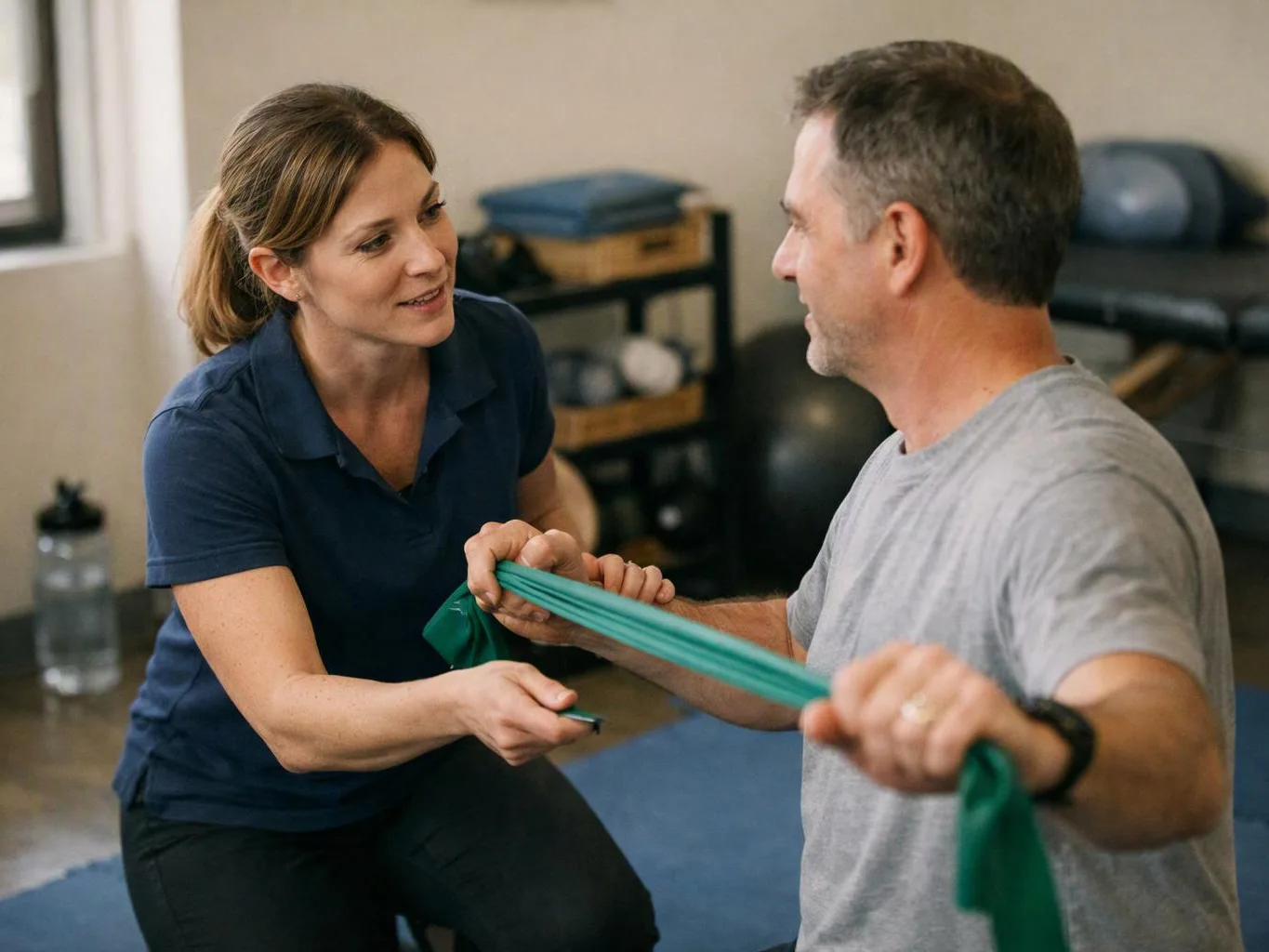 A woman guides a man through a resistance band exercise in a small workout room