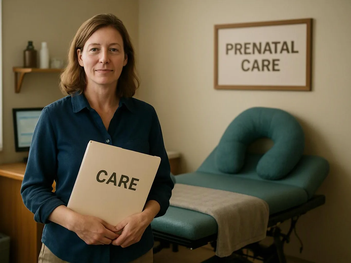 A woman holds a folder labeled "CARE" in a prenatal care exam room