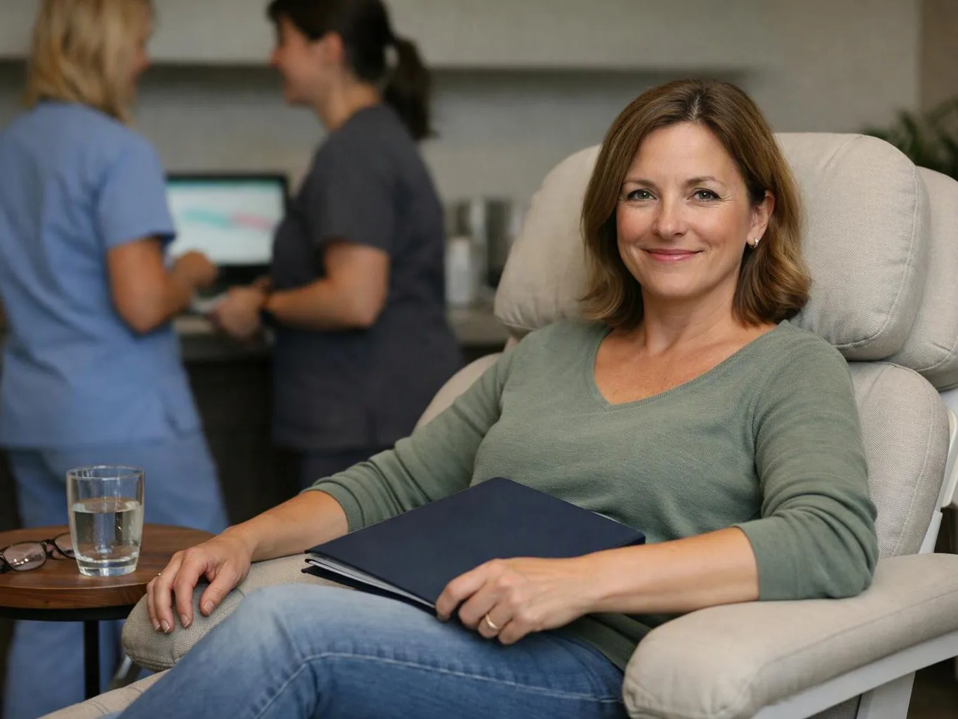 Woman sits smiling in a recliner with a folder, while two people talk in a clinical room