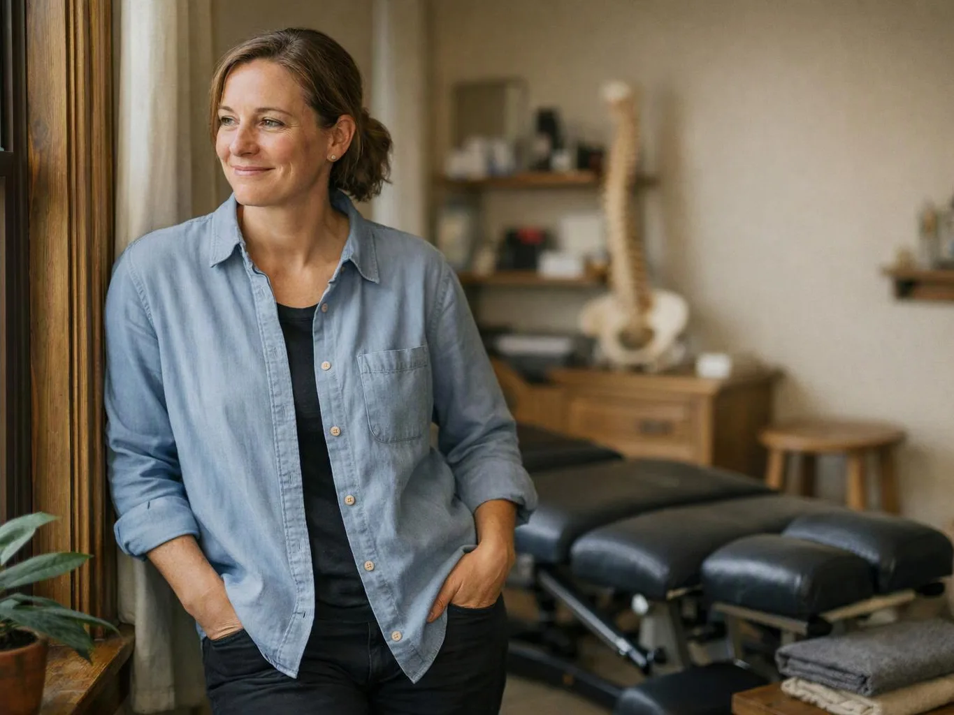 A woman stands by a window in a treatment room, with an exam table and spine model behind her