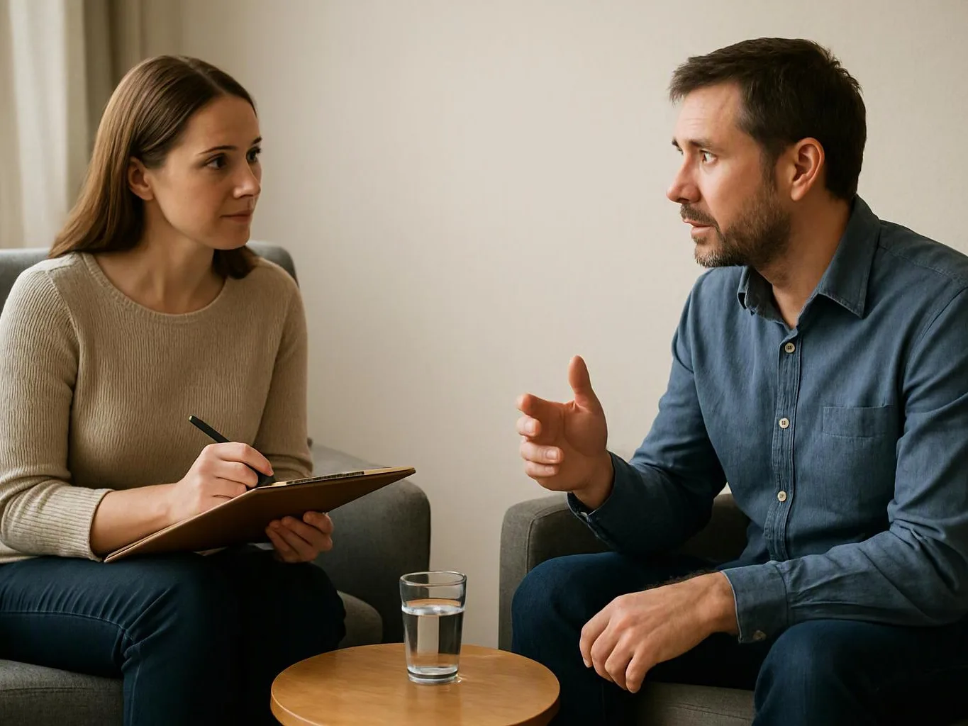 A woman takes notes while a man gestures during a calm conversation beside a glass of water