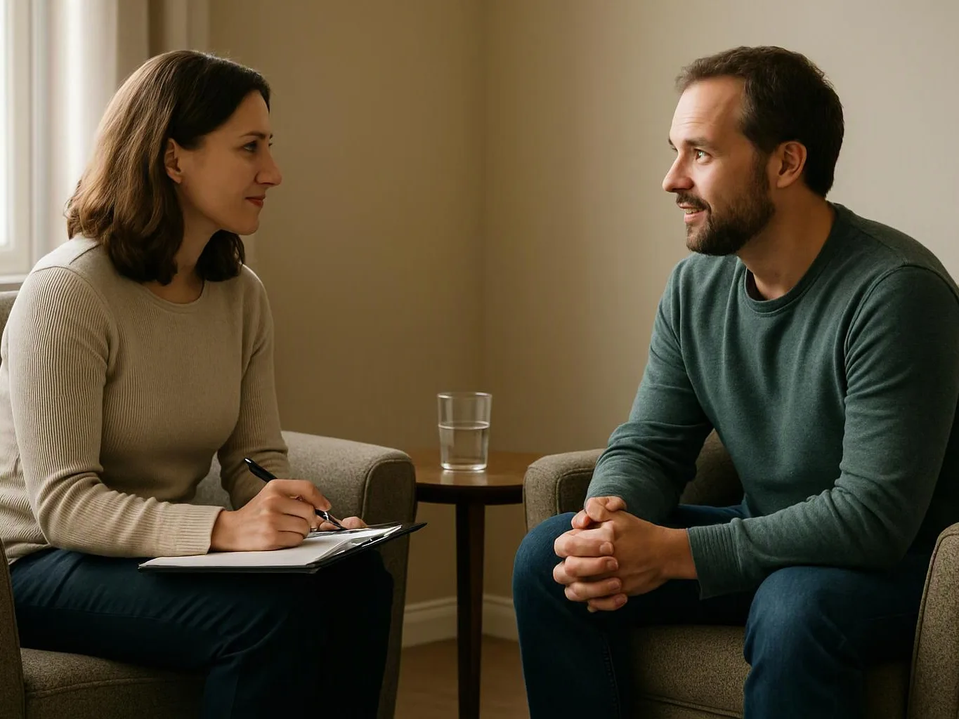 A woman takes notes while speaking with a man across a small table in a quiet room