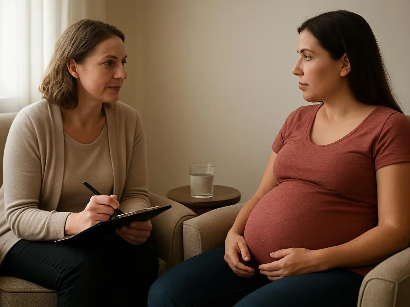 A woman takes notes while speaking with a pregnant woman seated across from her in a calm room