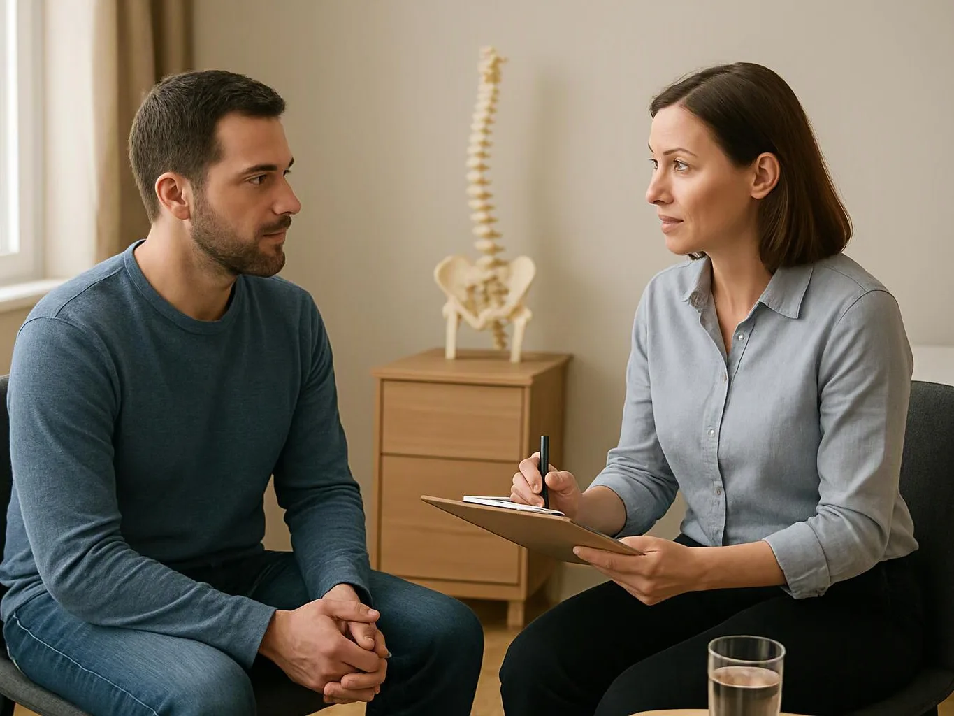 A woman takes notes while speaking with a seated man in a clinic room, with a spine model behind them
