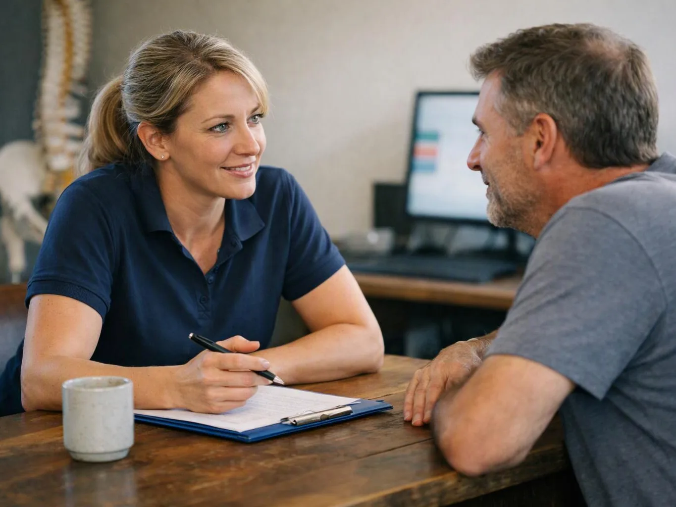 A woman writes on a clipboard while talking with a man across a wooden table in an office