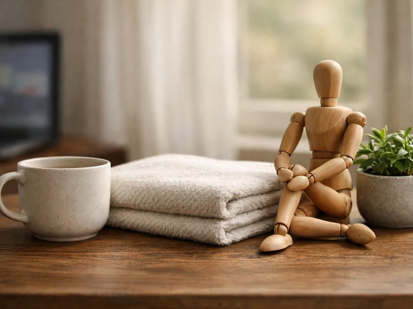 A wooden mannequin sits on a table beside a mug, folded towels, and a small potted plant